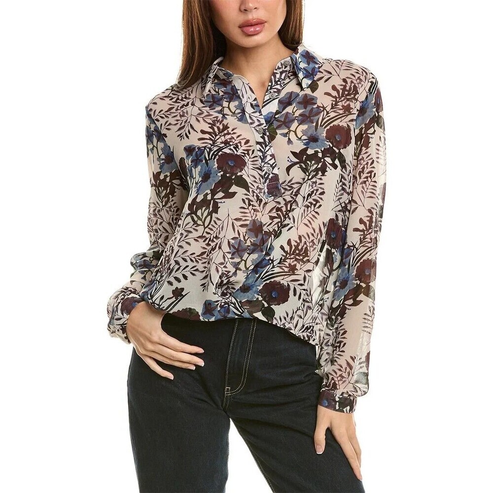 NEW~Cabi # 4536 Victoria Blouse Floral Print Hi/Low Hem Semi-Sheer Top SM